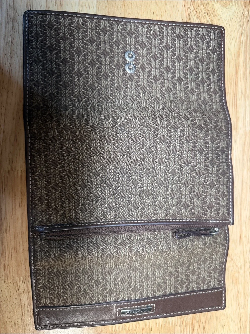 Fossil Brown Monogram Fold Wallet with Dark Brown Trim